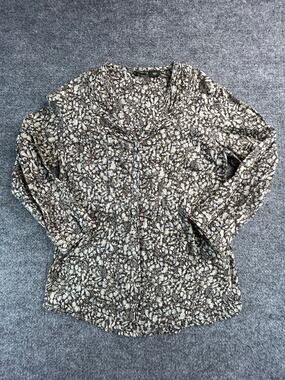 Eddie Bauer Women's Floral Button Front Shirt XS Brown Cream Long Sleeve Blouse